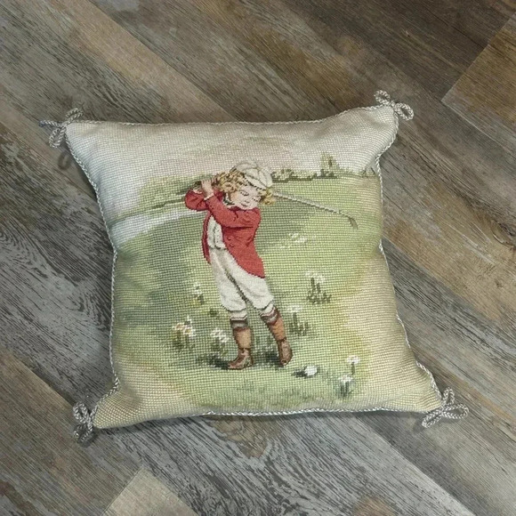 Wool Needlepoint Throw Pillow by Imperial Elegance Vintage Child Golfer … - Picture 8 of 8